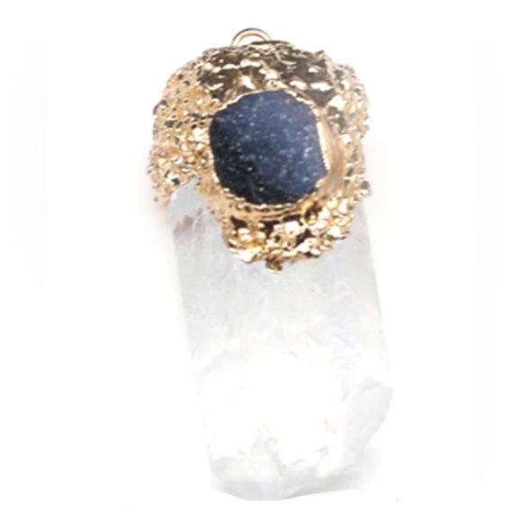 “Black Druzy & Clear Quartz” Crystal Pyramid Terminated Point Wand Gold Necklace - Picture 2 of 16